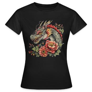 Drache mit Blüten - Frauen T-Shirt - Schwarz - Vorne - AI Model Female 172 dark (172cm)