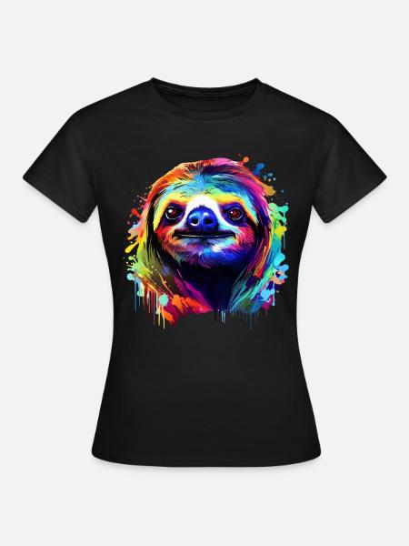 Buntes Faultier Farbkleckse Farbspritzer - Frauen T-Shirt - Schwarz