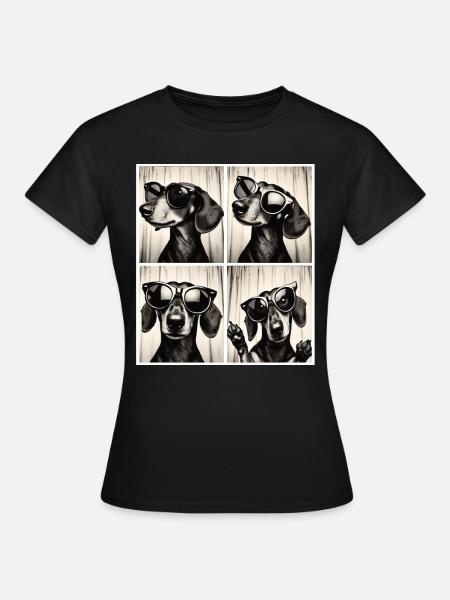 Retro-Fotostreifen mit Dackel und Sonnenbrille - Frauen T-Shirt - Schwarz