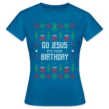 chandail de Noël laid de Jésus - T-shirt Femme - bleu saphir antique chiné - Devant - AI Model Female 172 dark (172cm)