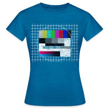 Test picture old school 70s television 80s retro motto - Women's T-Shirt - antique blue sapphire heather - Front - AI Model Female 172 dark (172cm)