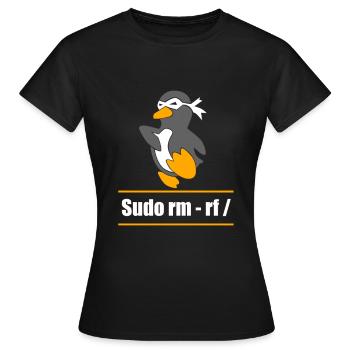 Tux Linux Penguin Sudo Rm Rf Geek Hacker - T-shirt Femme - noir - Devant - AI Model Female 172 dark (172cm)