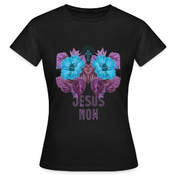 Jesus Christus, Jesus-Now, Vintage-Hibiskus - Frauen T-Shirt - Schwarz - Vorne - AI Model Female 172 dark (172cm)