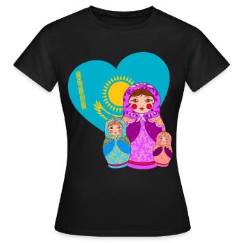 Babuschka Matrjoschka Design mit Kasachstan Flagge - Frauen T-Shirt - Schwarz - Vorne - AI Model Female 172 dark (172cm)