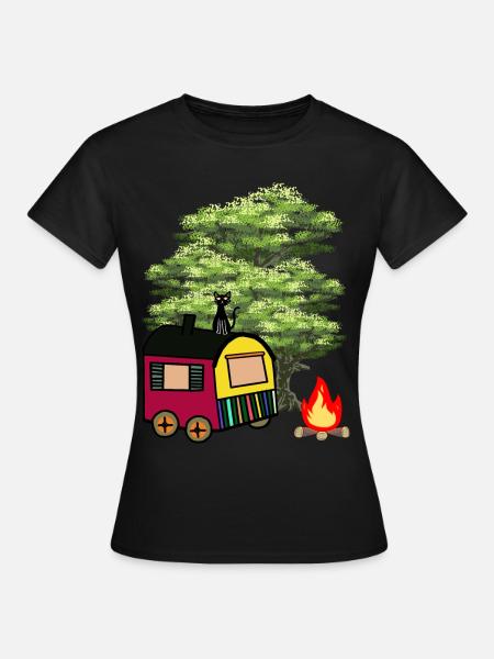 Hippie Bauwagen Natur Wildnis Katze Hütte Haus - Frauen T-Shirt - Schwarz