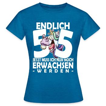 Endlich 55 Jahre - 55. Geburtstag - Frauen T-Shirt - Antikblaues Saphir meliert - Vorne - AI Model Female 172 dark (172cm)