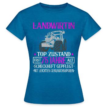 Landwirtin 75 Jahre - Landwirtschaft - Bauernhof - Frauen T-Shirt - Antikblaues Saphir meliert - Vorne - AI Model Female 172 dark (172cm)