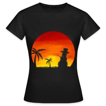 Sundown Snowman Under Palm Trees Beach Christmas - Women's T-Shirt - black - Front - AI Model Female 172 dark (172cm)
