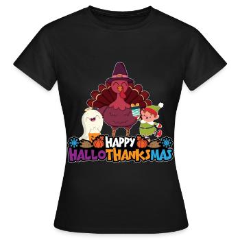 Happy Hello Thanksmas Halloween Thanksgiving Xmas - Women's T-Shirt - black - Front - AI Model Female 172 dark (172cm)