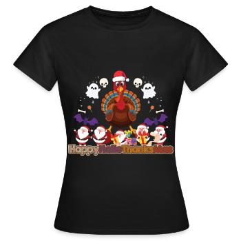 Happy Hello Thanksmas Halloween Thanksgiving Xmas - Women's T-Shirt - black - Front - AI Model Female 172 dark (172cm)