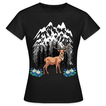 Waldtiere Rotwild Alpen Enzian Naturliebhaber - Frauen T-Shirt - Schwarz - Vorne - AI Model Female 172 dark (172cm)