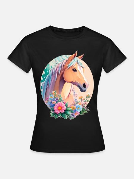 Pastell Farben Pony Pferd Kunst mit Blumen - Frauen T-Shirt - Schwarz
