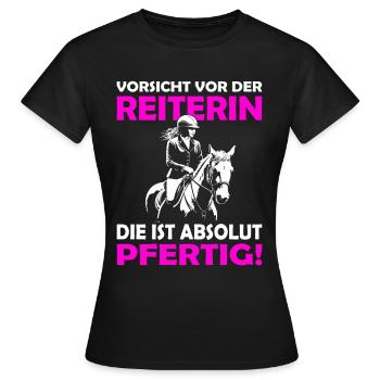Vorsicht vor der Reiterin | Lustige Reitersprüche - Frauen T-Shirt - Schwarz - Vorne - AI Model Female 172 dark (172cm)