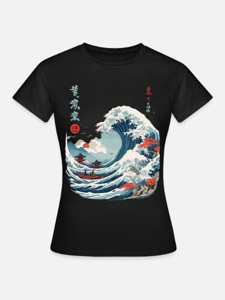 Japanische Kanagawa Welle Vintage Ukiyo-E - Frauen T-Shirt - Schwarz