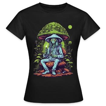 Lebendige Farben Musik Festival Wald Pilze - Frauen T-Shirt - Schwarz - Vorne - AI Model Female 172 dark (172cm)