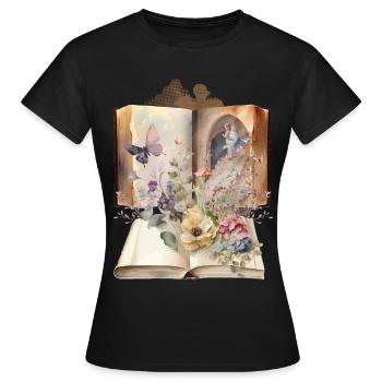 Vintage Book Books Nostalgic Flowers - Women's T-Shirt - black - Front - AI Model Female 172 dark (172cm)