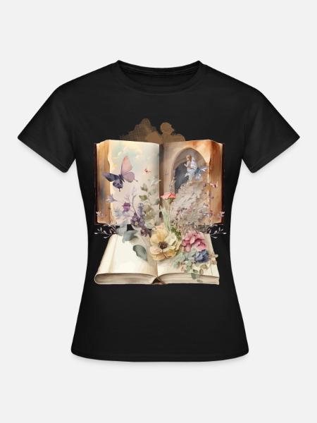 Vintage Buch Bücher Nostalgisch Blumen - Frauen T-Shirt - Schwarz