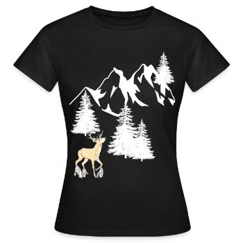 Mountains Peaks Spruce Navel Tree Deer Nature - Women's T-Shirt - black - Front - AI Model Female 172 dark (172cm)