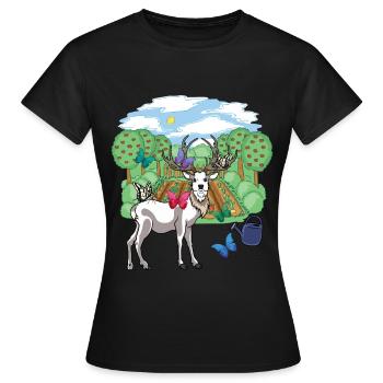 Rothirsch Wild Rehbock Schmetterlinge Natur Garten - Frauen T-Shirt - Schwarz - Vorne - AI Model Female 172 dark (172cm)