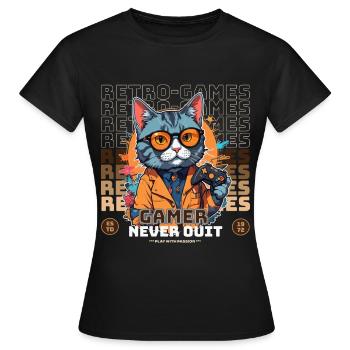 Retro Games Gamer Never Quit Katzenmotiv - Frauen T-Shirt - Schwarz - Vorne - AI Model Female 172 dark (172cm)