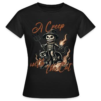 Halloween: Ein Unheimlicher Mit Der Katze - Frauen T-Shirt - Schwarz - Vorne - AI Model Female 172 dark (172cm)