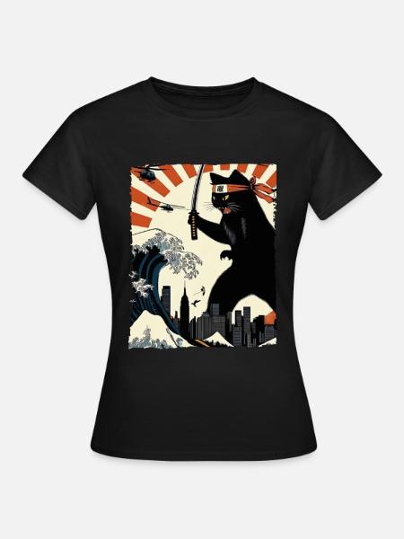 Ninja Cat Vintage avec Katana Warrior Japon Art - T-shirt Femme - noir