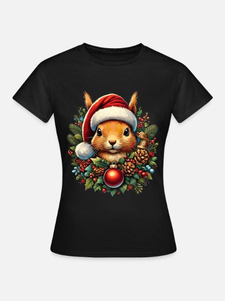 Weihnachtliches Eichhörnchen Mit Mütze Und Kugel - Frauen T-Shirt - Schwarz