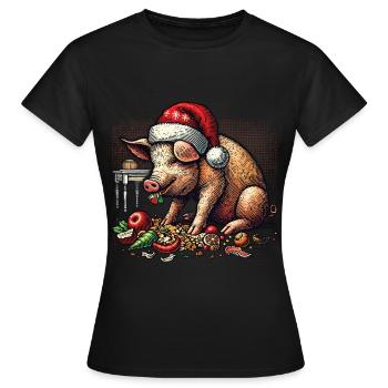 Gieriges Weihnachtsschwein Mit Mütze - Frauen T-Shirt - Schwarz - Vorne - AI Model Female 172 dark (172cm)