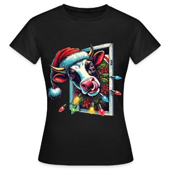 Lustige Weihnachtskuh Mit Lichtern - Frauen T-Shirt - Schwarz - Vorne - AI Model Female 172 dark (172cm)