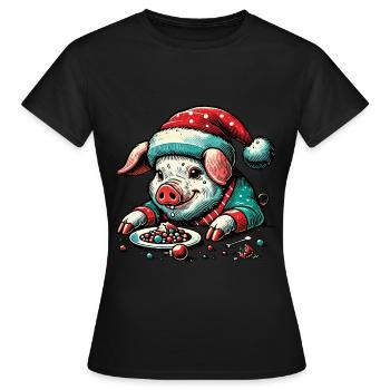 Gieriges Weihnachtsschwein - Frauen T-Shirt - Schwarz - Vorne - AI Model Female 172 dark (172cm)