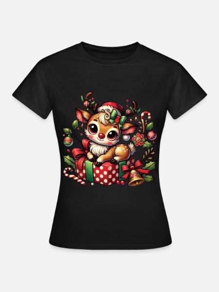 Weihnachtliches Rentier Auf Geschenk - Frauen T-Shirt - Schwarz
