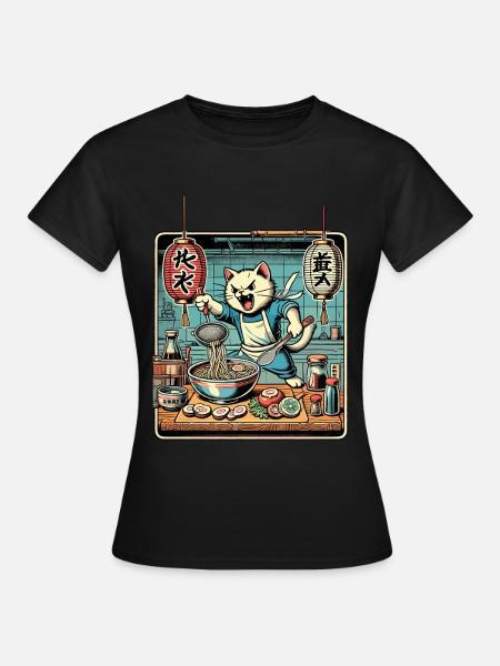 Ramen Nudeln Katze Kawaii Retro Ukiyo-E - Frauen T-Shirt - Schwarz