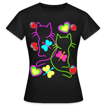 Retro Katzen Erdbeer Sommer Schmetterling Herz - Frauen T-Shirt - Schwarz - Vorne - AI Model Female 172 dark (172cm)