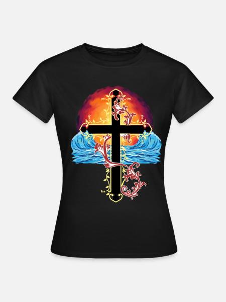 Kreuz Jesus Sonnenuntergang Meer - Dame-T-shirt - sort