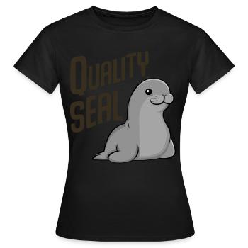 Label de qualité Pinneped - T-shirt Femme - noir - Devant - AI Model Female 172 dark (172cm)