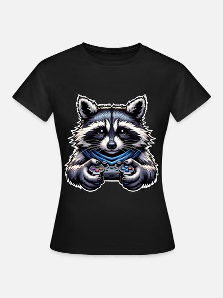 Waschbär Gamer Gaming Nerd - Frauen T-Shirt - Schwarz