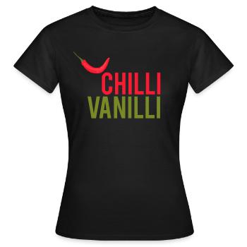 CHILLI VANILLI | PEPPERONI | FUN | TREND | FASHION - Frauen T-Shirt - Schwarz - Vorne - AI Model Female 172 dark (172cm)