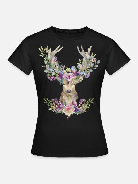 Hirsch T-Shirt Damen Trachtenshirt Hirschmotiv - Frauen T-Shirt - Schwarz