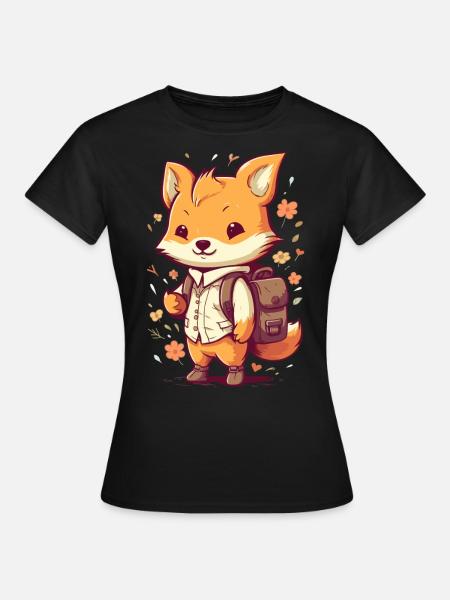 Cute cartoon fox with backpack for kindergarten children - Women's T-Shirt - black