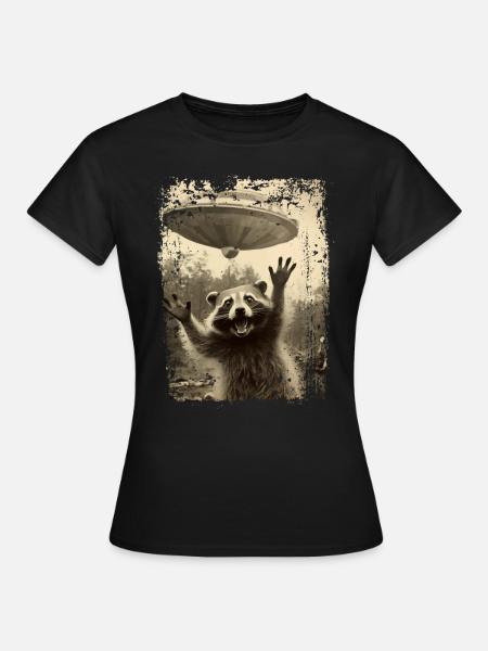 Lustiger Waschbär mit UFO Retro Vintage Alien - Frauen T-Shirt - Schwarz