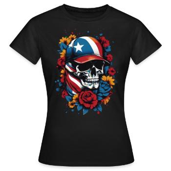 Patriotischer Totenkopf mit Blumendesign - Frauen T-Shirt - Schwarz - Vorne - AI Model Female 172 dark (172cm)