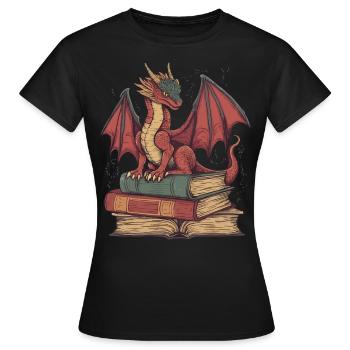 Roter Drache auf Büchern – Fantasie für Leser - Frauen T-Shirt - Schwarz - Vorne - AI Model Female 172 dark (172cm)