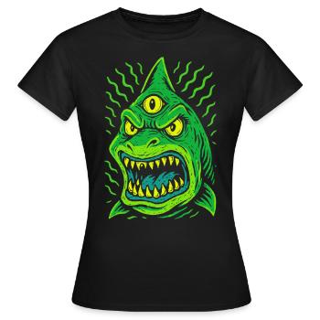 Three-eyed neon shark with fangs - Women's T-Shirt - black - Front - AI Model Female 172 dark (172cm)