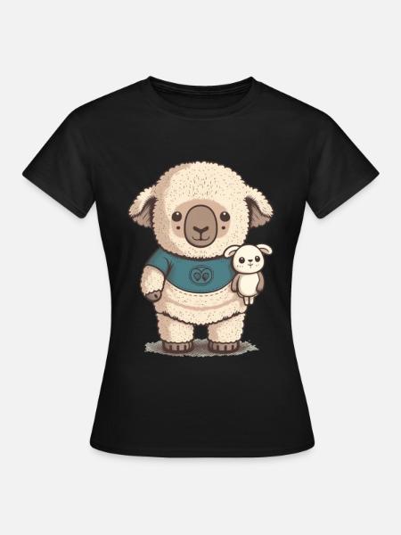 Verschlafenes Schaf mit Kuscheltier - Frauen T-Shirt - Schwarz