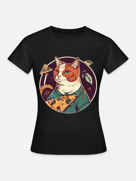 katze mit Pizzastücken - Frauen T-Shirt - Schwarz