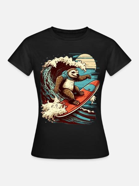 Cooles Faultier surft im Mondschein - Frauen T-Shirt - Schwarz