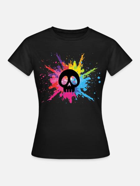 Schwarzer Schädel und mehrfarbige Explosion - Frauen T-Shirt - Schwarz