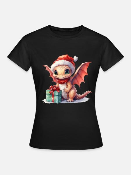 Weihnachtsdrache mit Geschenk - Frauen T-Shirt - Schwarz