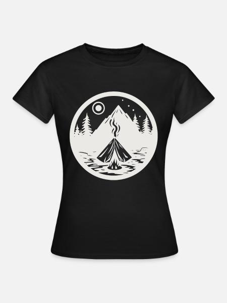 Camping, paysage avec des montagnes, des arbres comme autocollants - T-shirt Femme - noir