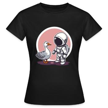 Cute Astronaut and Goose Cartoon Design | Space - Women's T-Shirt - black - Front - AI Model Female 172 dark (172cm)